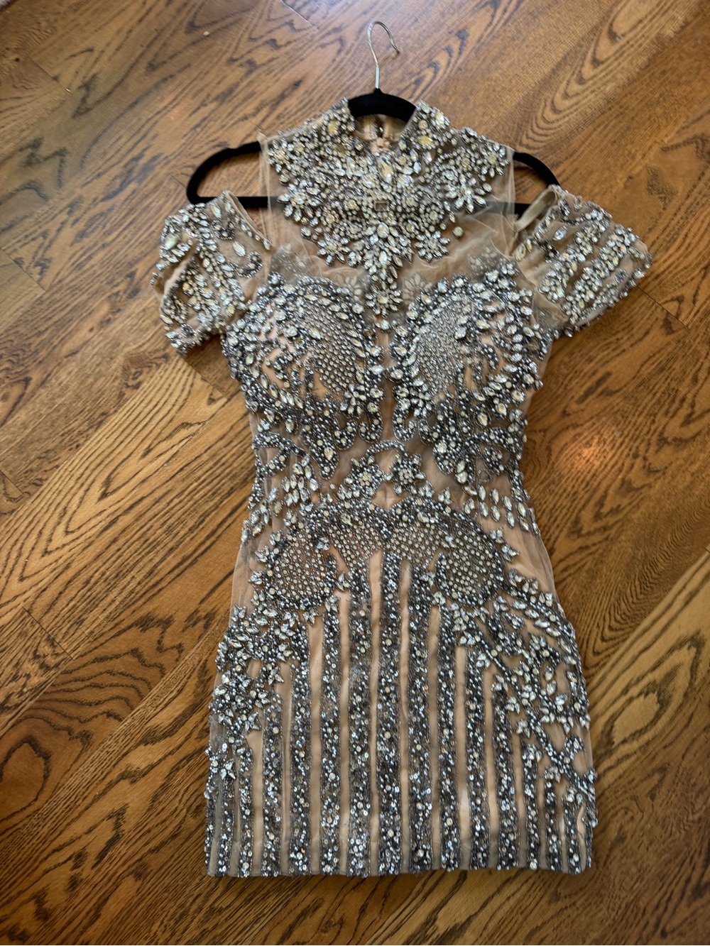 Portia & Scarlett Embellished Silver Beaded Nude Sheath Dress xs